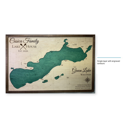 Green Lake, Wisconsin Wood Map — Single layer with engraved contours — style-labeled photo