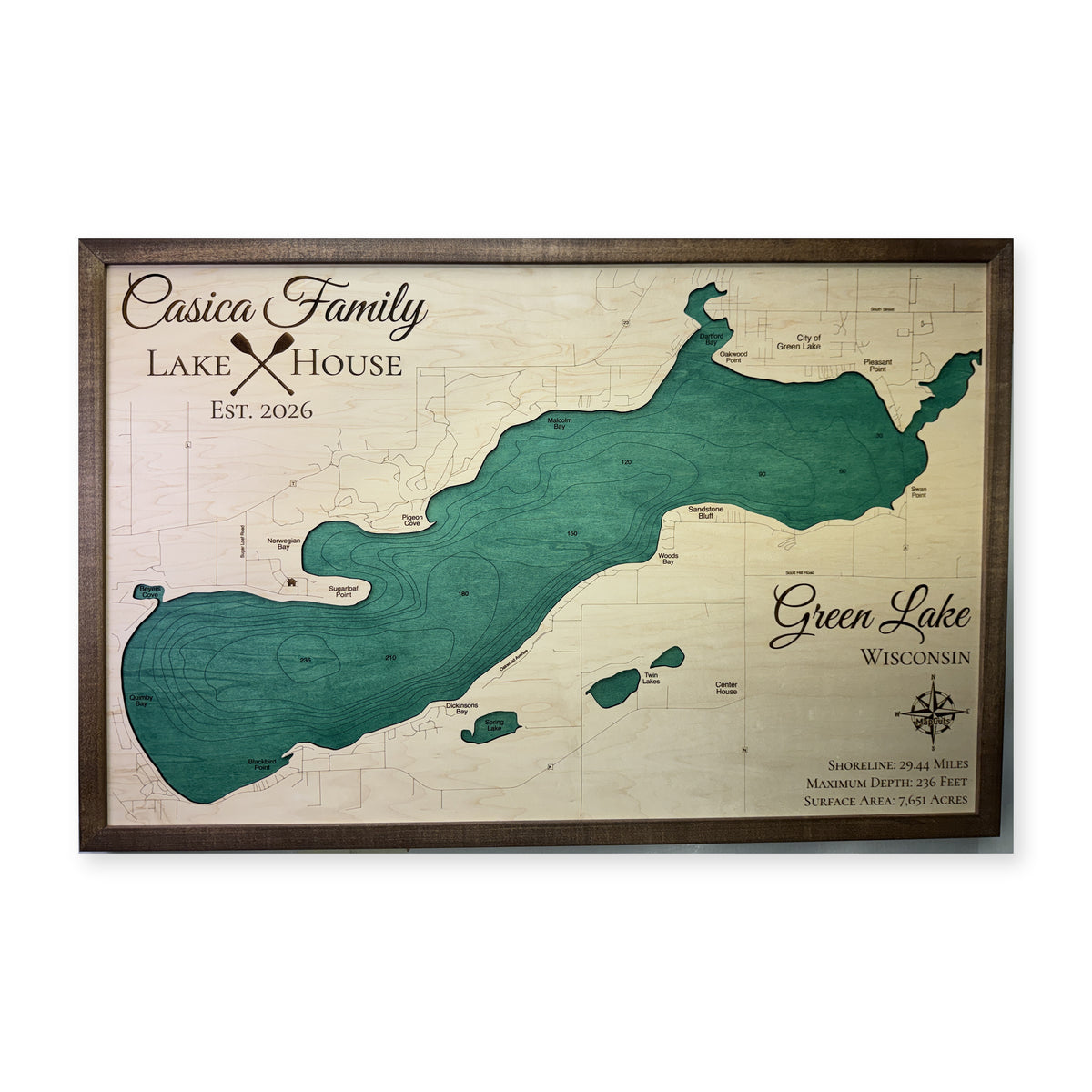 Green Lake, Wisconsin Wood Map — Single layer with engraved contours — plain-background photo