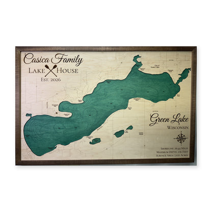 Green Lake, Wisconsin Wood Map — Single layer with engraved contours — plain-background photo