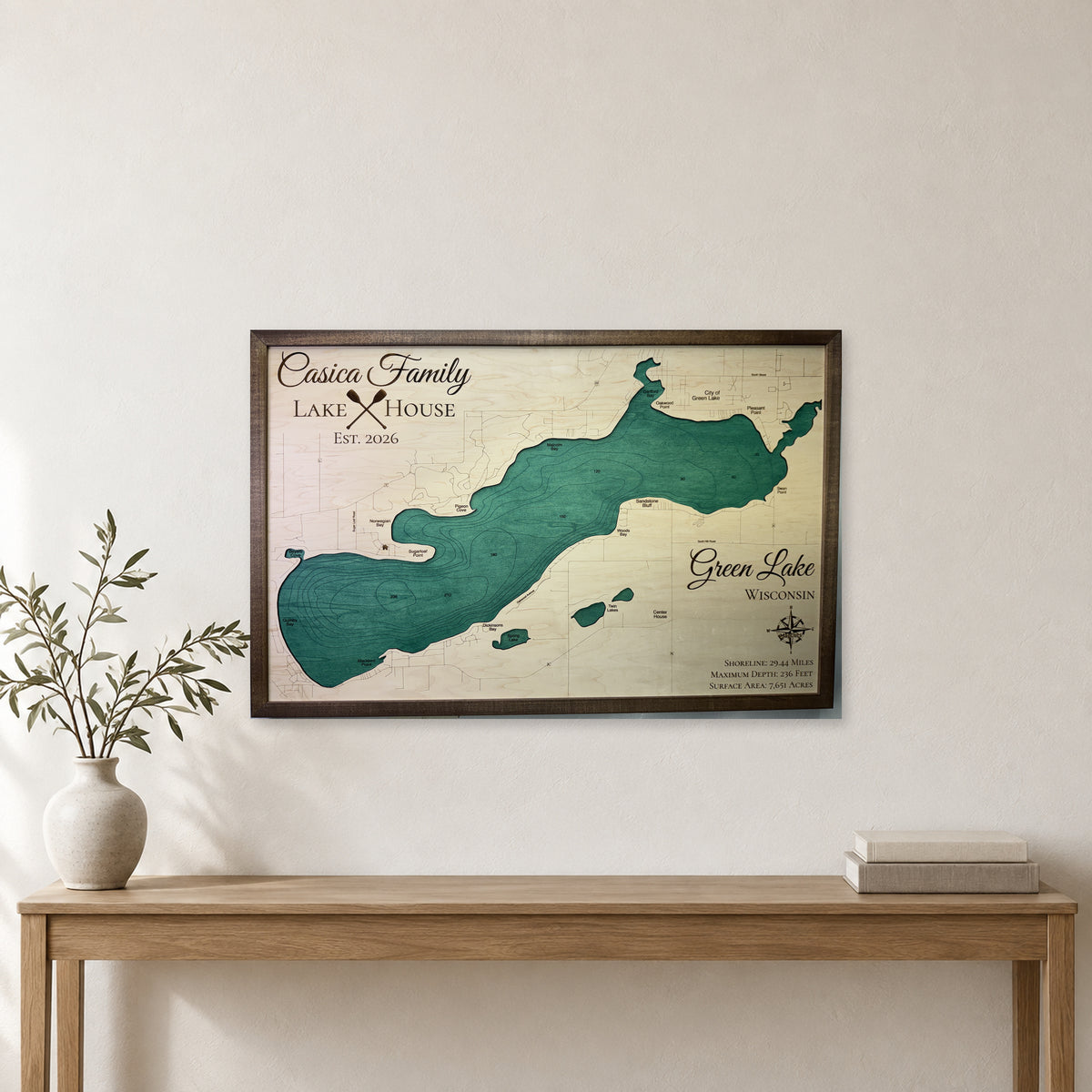 Green Lake, Wisconsin Wood Map — Single layer with engraved contours — room mockup