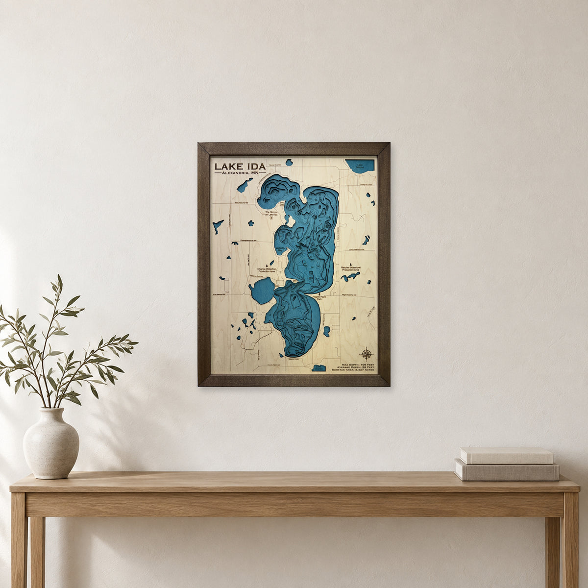 Lake Ida, Minnesota Wood Map — Multilayer — room mockup