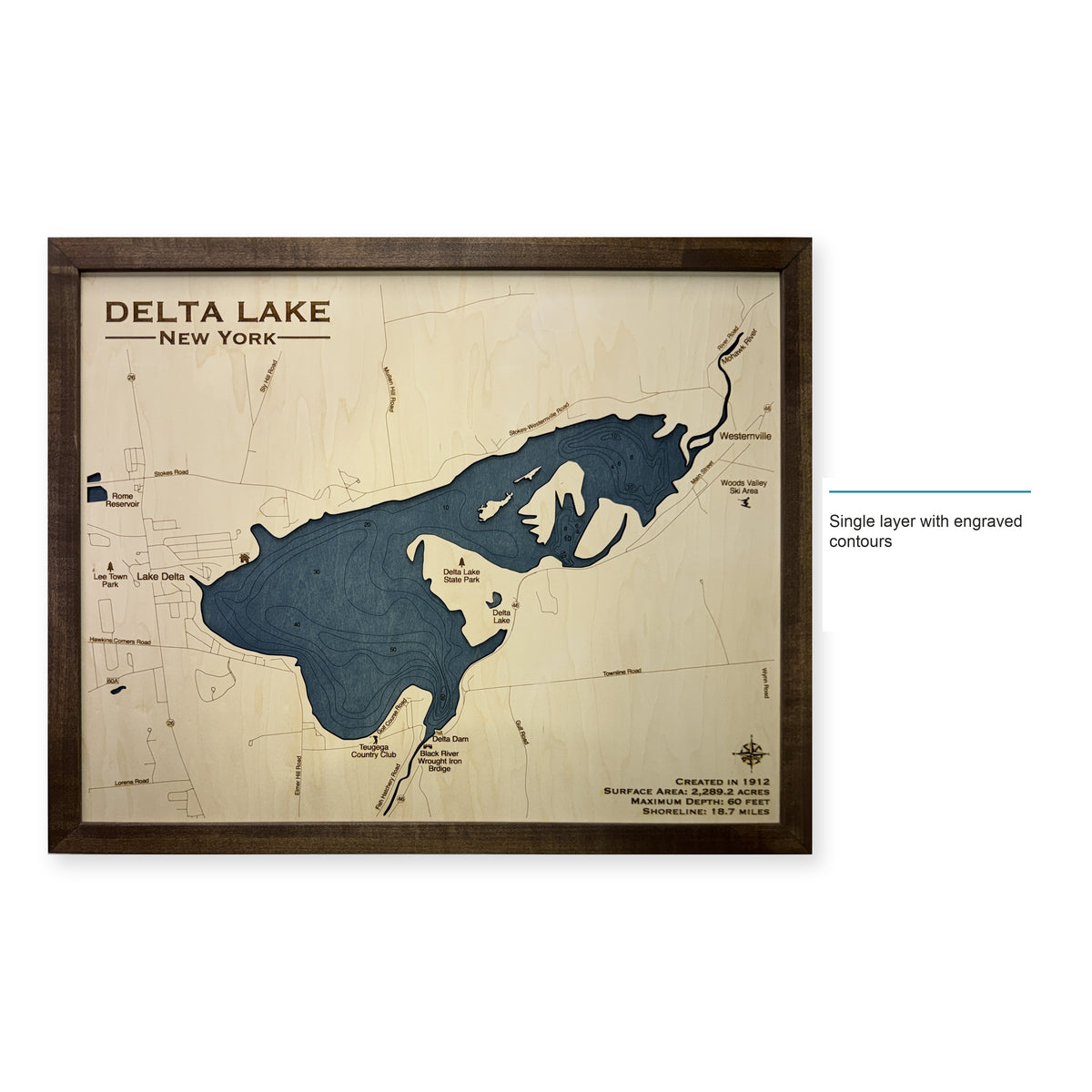 Delta Lake, New York Wood Map — Single layer with engraved contours — style-labeled photo
