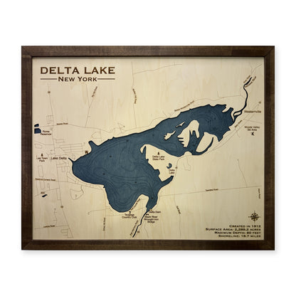 Delta Lake, New York Wood Map — Single layer with engraved contours — plain-background photo