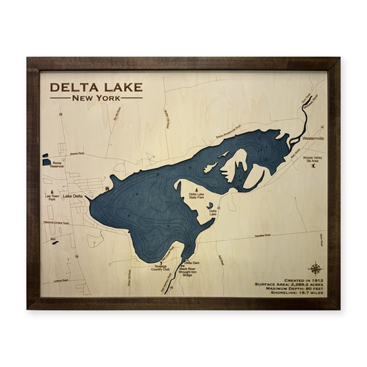 Delta Lake, New York Wood Map — Single layer with engraved contours — plain-background photo