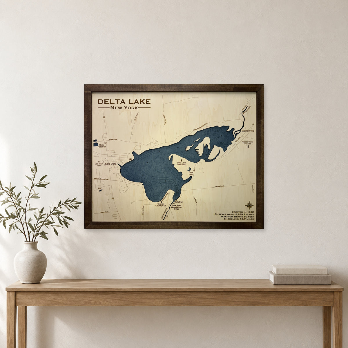 Delta Lake, New York Wood Map — Single layer with engraved contours — room mockup