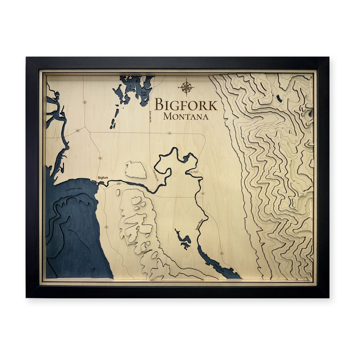 Bigfork, Montana Wood Map — Layered topo map — plain-background photo