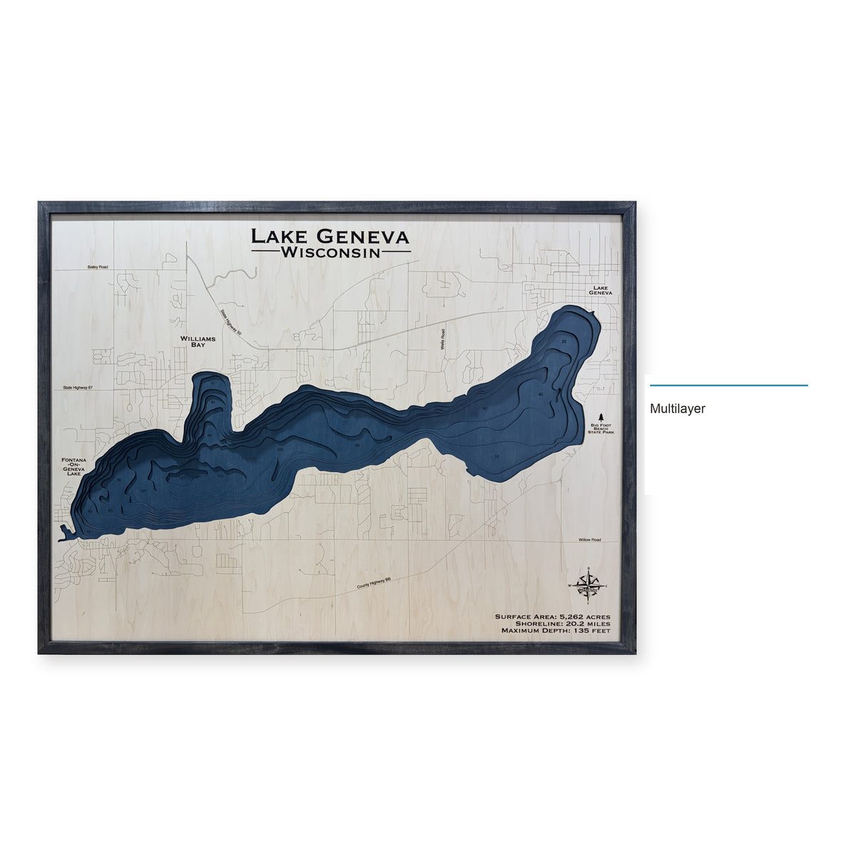 Lake Geneva, Wisconsin Wood Map — Multilayer — style-labeled photo