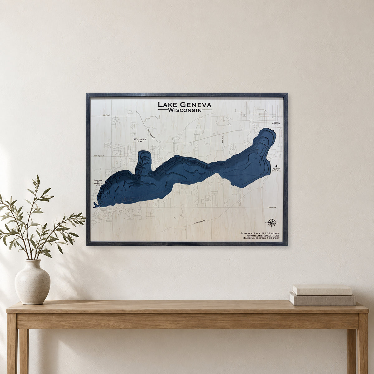 Lake Geneva, Wisconsin Wood Map — Multilayer — room mockup