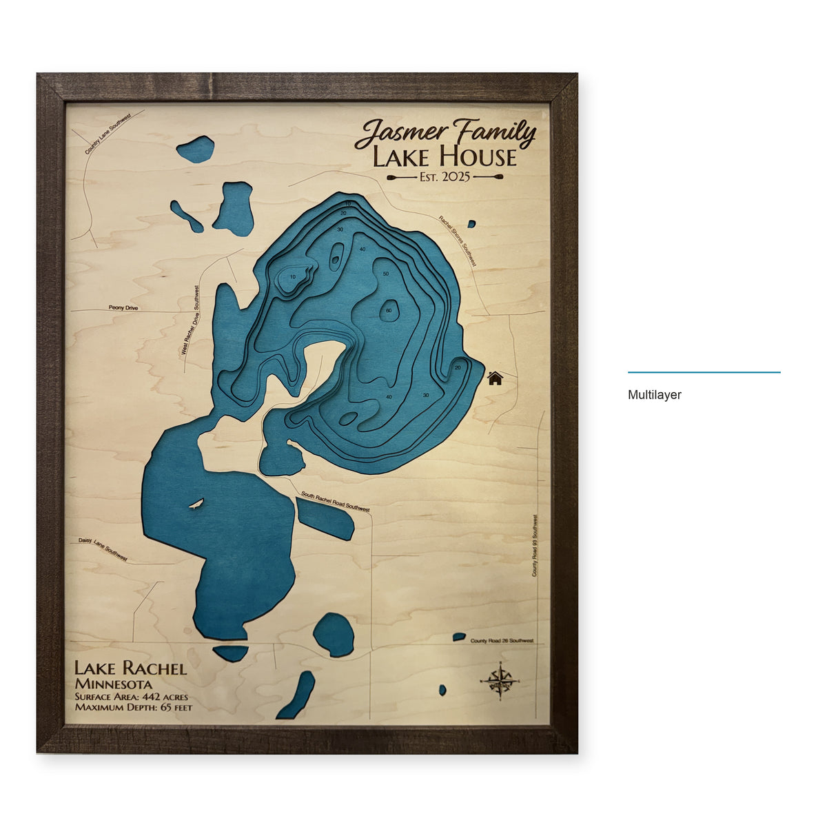 Lake Rachel, Minnesota Wood Map — Multilayer — style-labeled photo