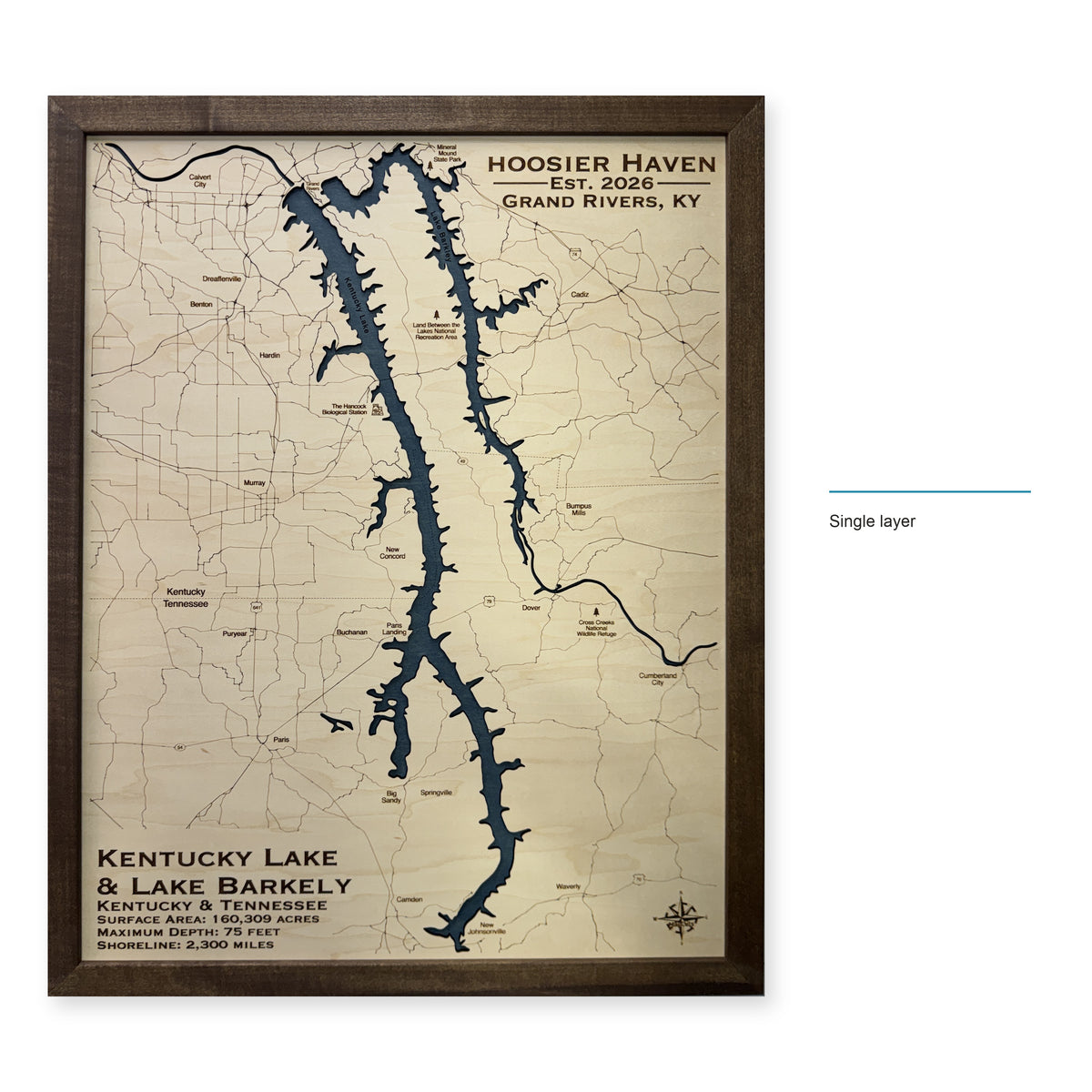Kentucky Lake and Lake Barkley Wood Map — Single layer — style-labeled photo