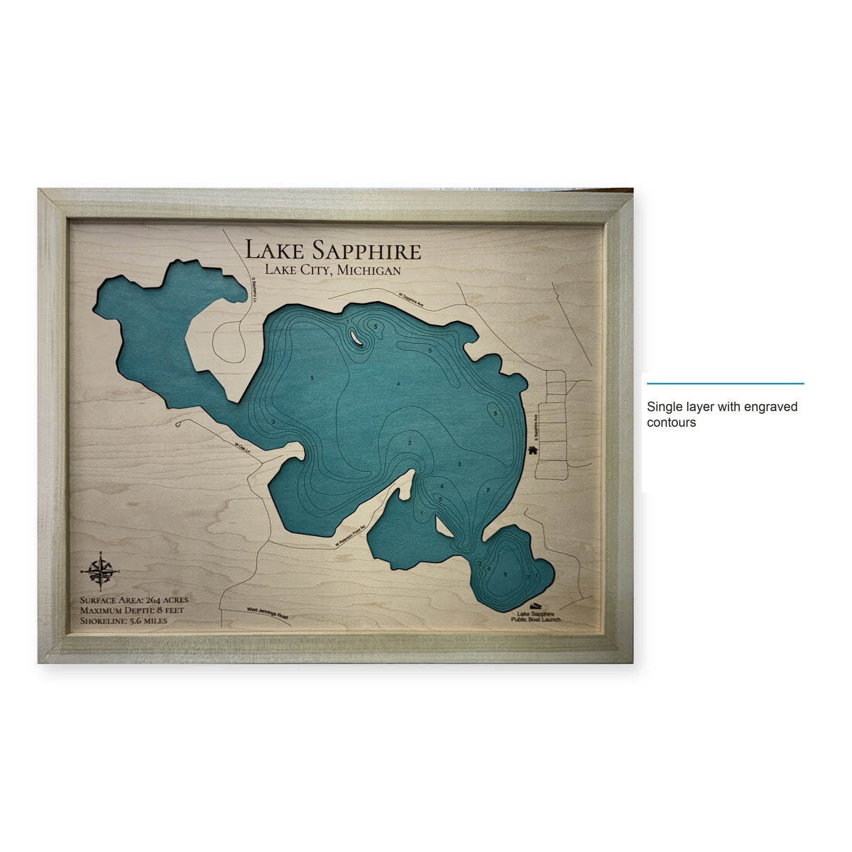 Lake Sapphire, Lake City, Michigan Wood Map — Single layer with engraved contours — style-labeled photo