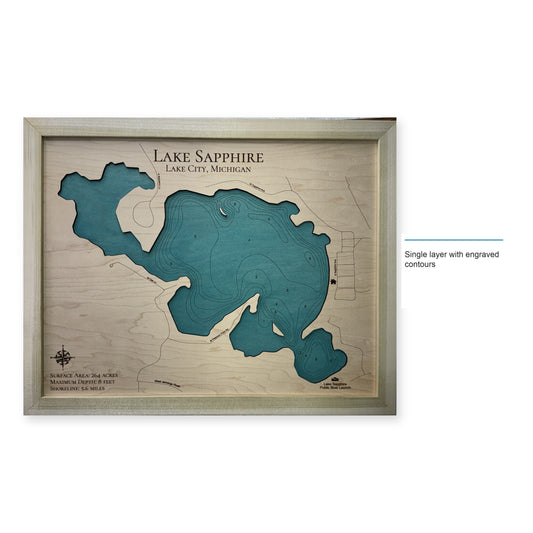 Lake Sapphire, Lake City, Michigan Wood Map — Single layer with engraved contours — style-labeled photo