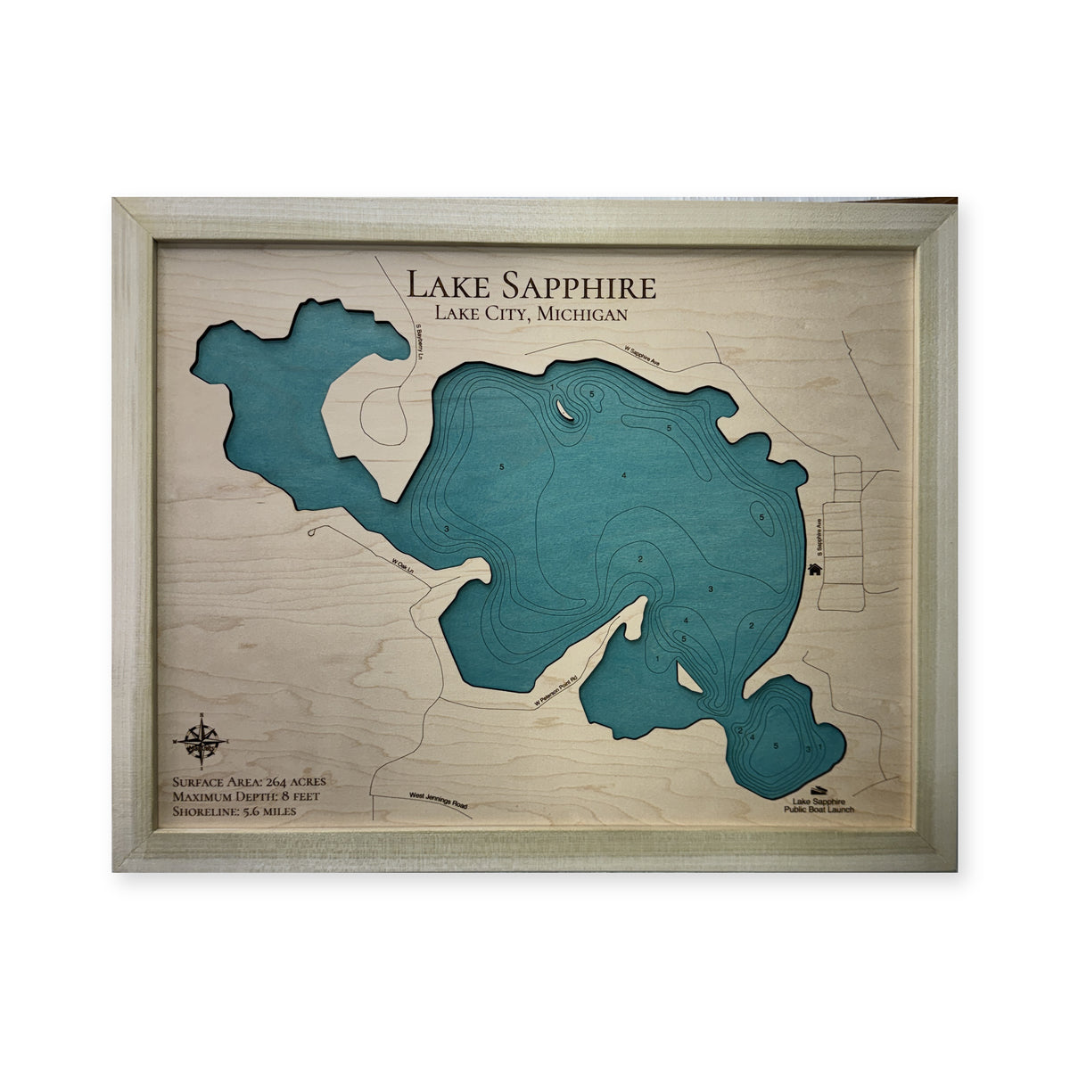 Lake Sapphire, Lake City, Michigan Wood Map — Single layer with engraved contours — plain-background photo