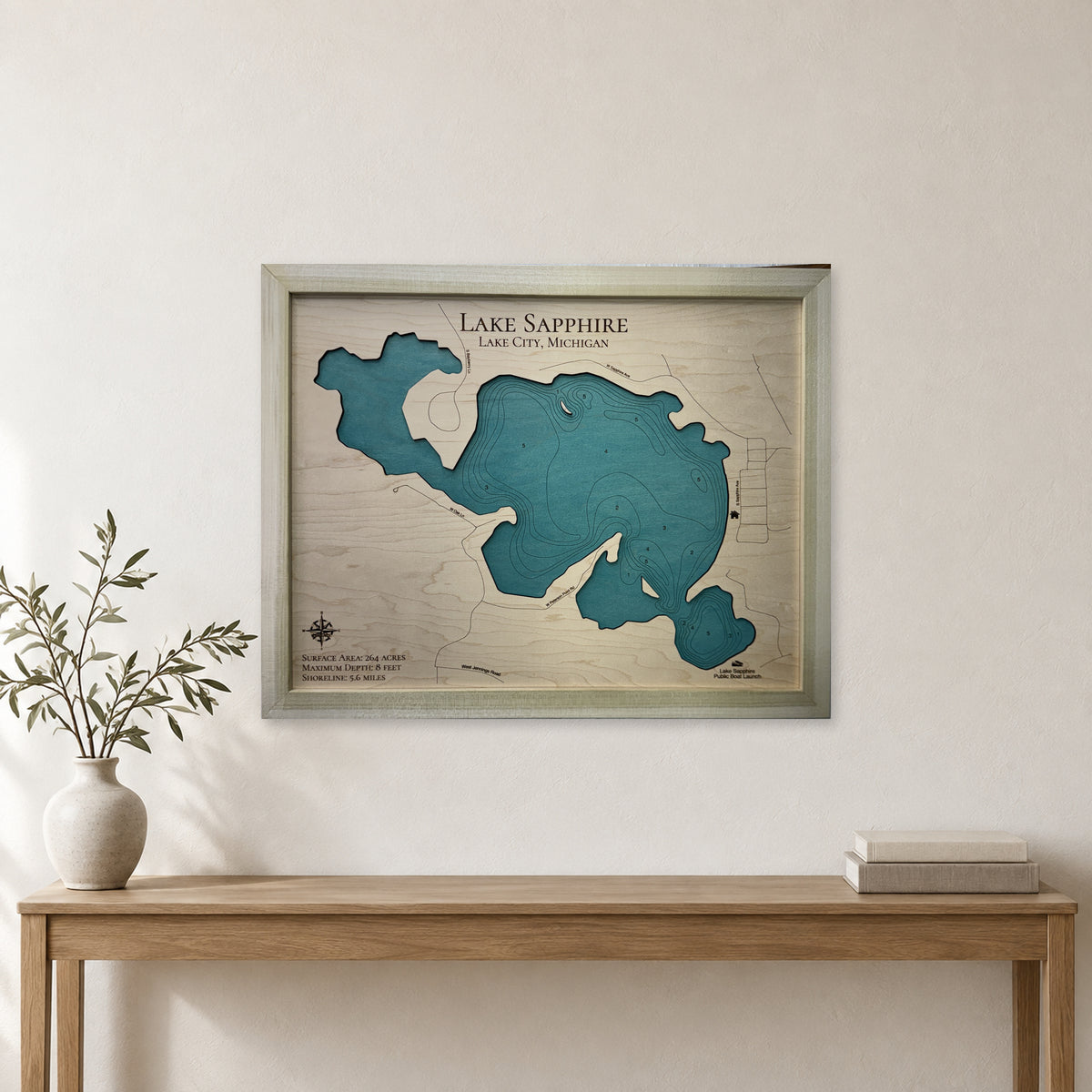 Lake Sapphire, Lake City, Michigan Wood Map — Single layer with engraved contours — room mockup