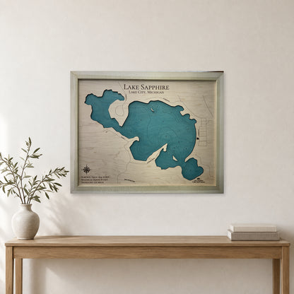 Lake Sapphire, Lake City, Michigan Wood Map — Single layer with engraved contours — room mockup