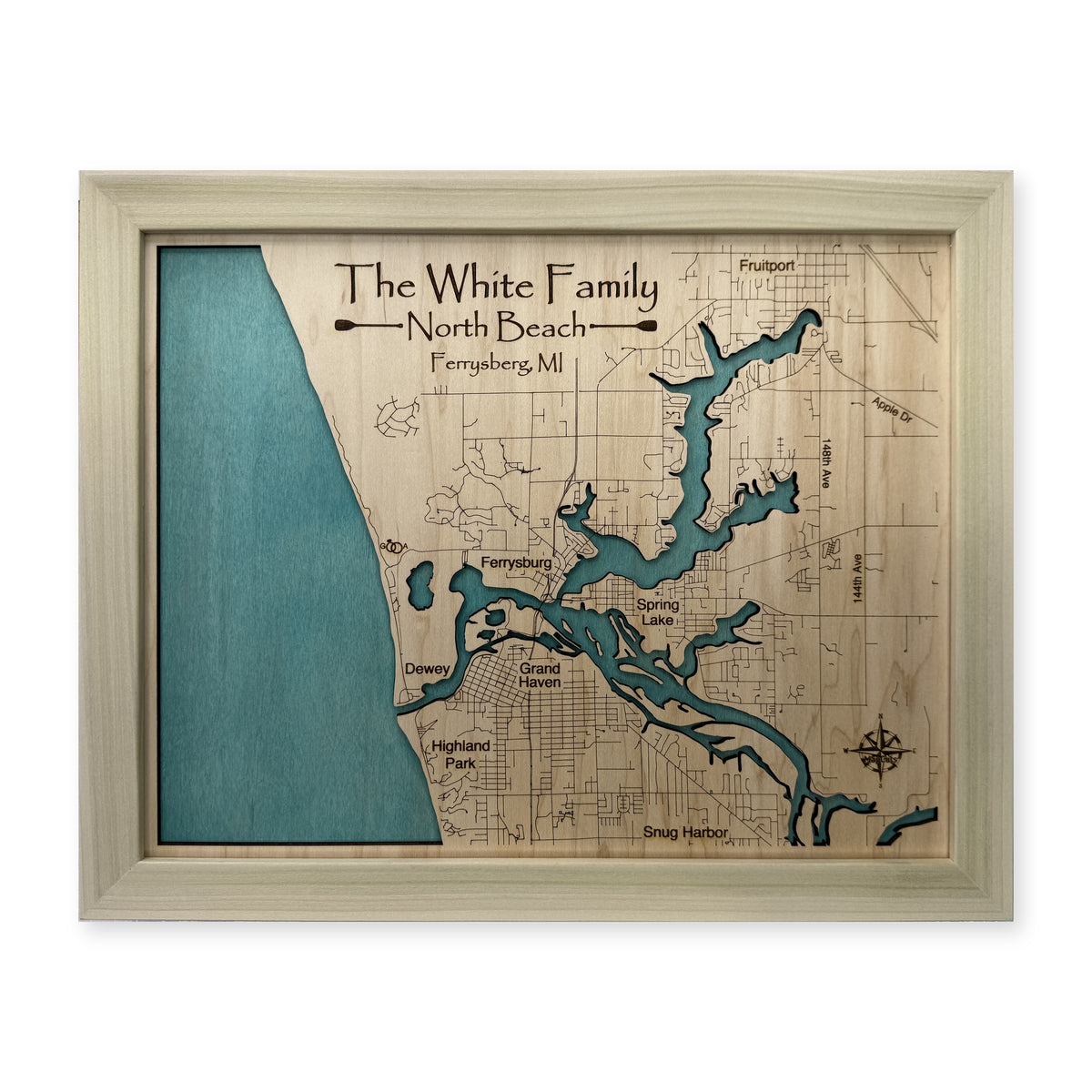 North Beach, Ferrysburg, Michigan Wood Map — Single layer — plain-background photo