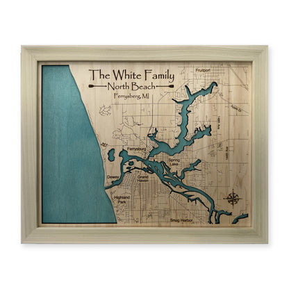 North Beach, Ferrysburg, Michigan Wood Map — Single layer — plain-background photo