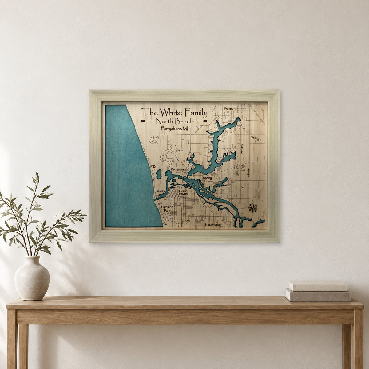 North Beach, Ferrysburg, Michigan Wood Map — Single layer — room mockup