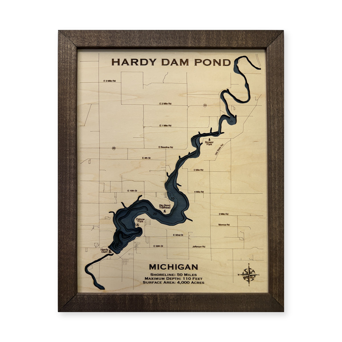 Hardy Dam Pond, Michigan Wood Map — Multilayer — plain-background photo