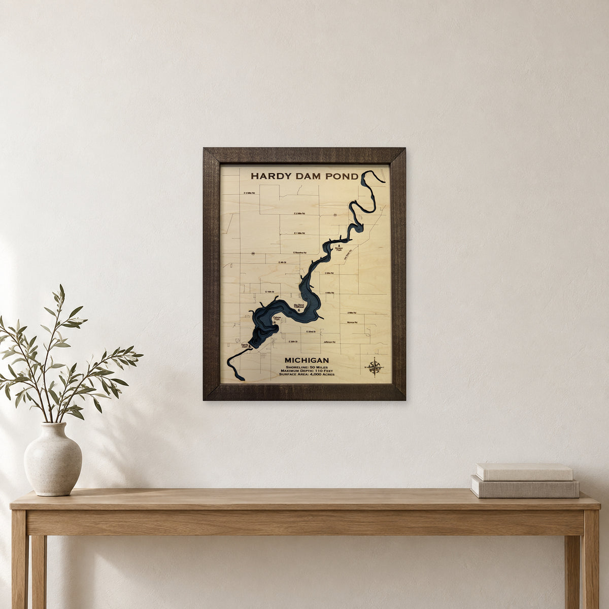 Hardy Dam Pond, Michigan Wood Map — Multilayer — room mockup