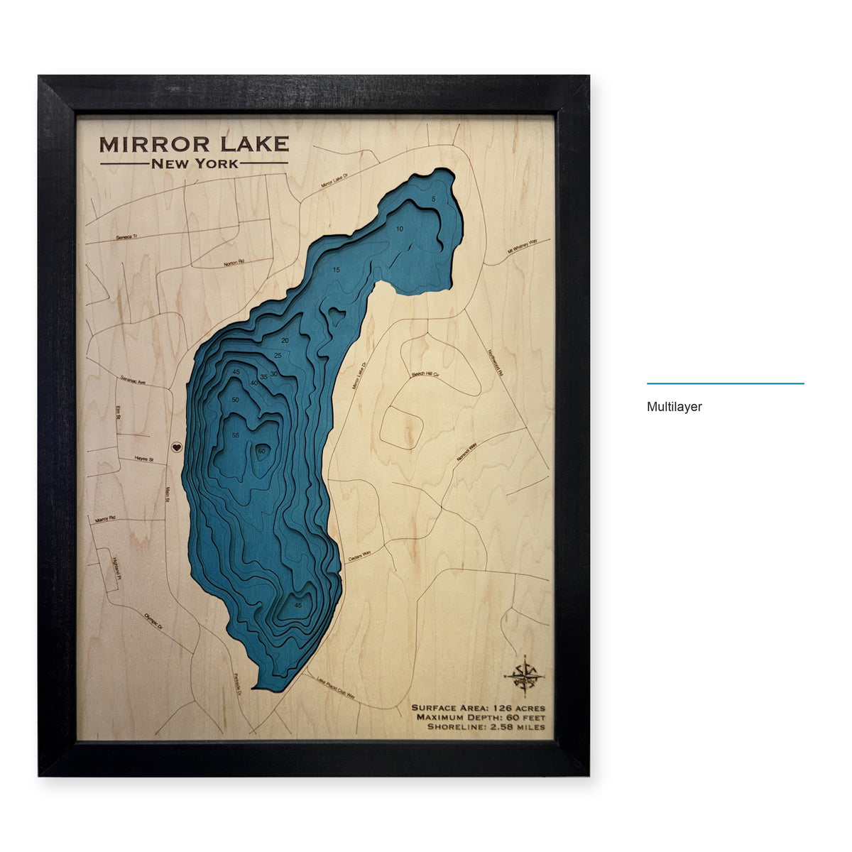 Mirror Lake, New York Wood Map — Multilayer — style-labeled photo