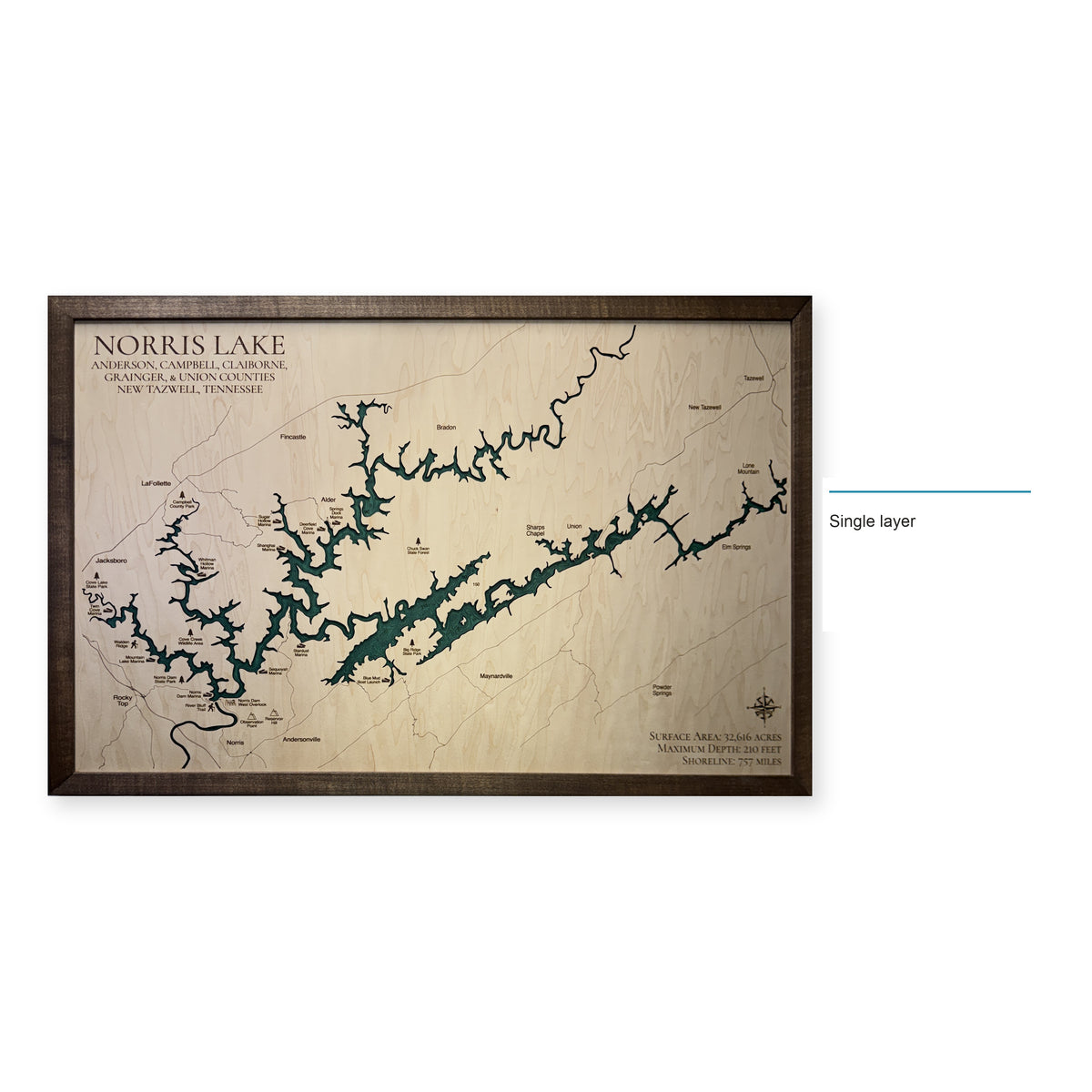 Norris Lake, TN, Wood Map — Single layer — style-labeled photo