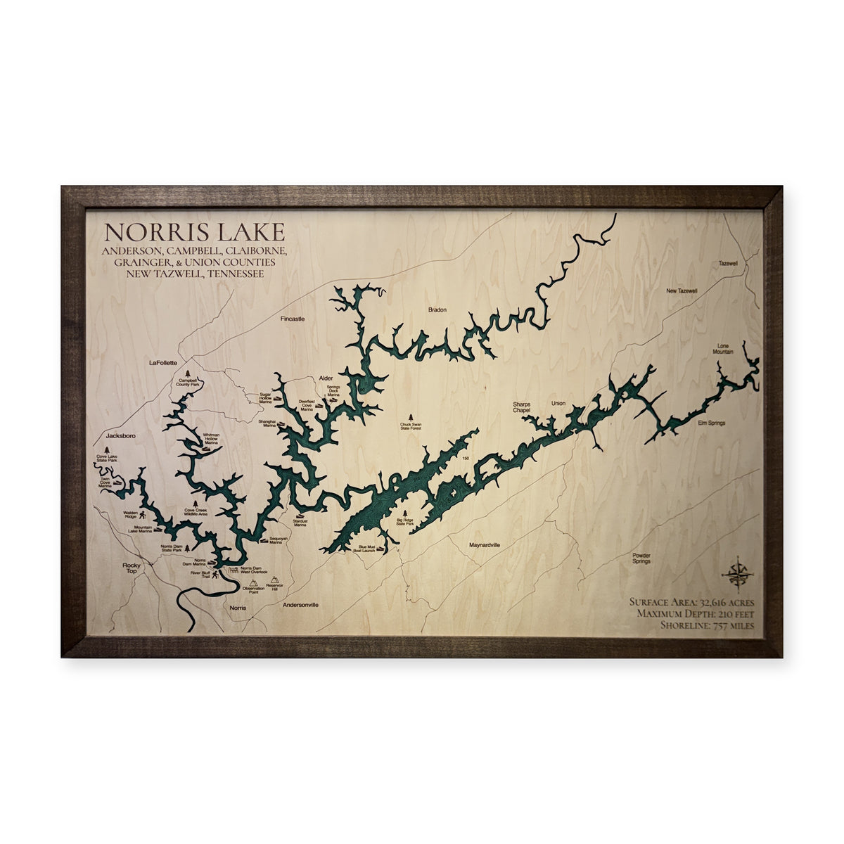 Norris Lake, TN, Wood Map — Single layer — plain-background photo