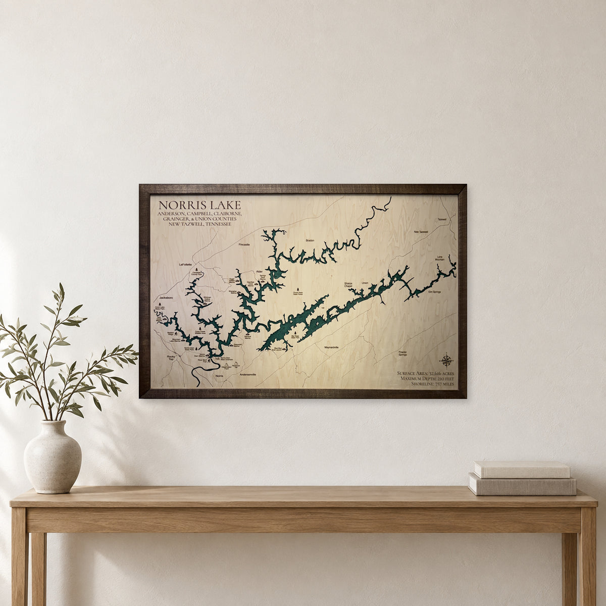 Norris Lake, TN, Wood Map — Single layer — room mockup