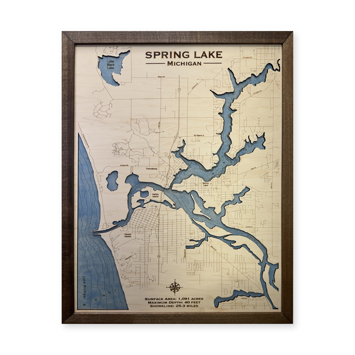 Spring Lake, Michigan Wood Map — Single layer with engraved contours — plain-background photo