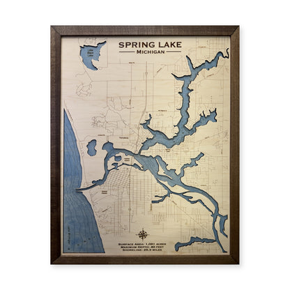 Spring Lake, Michigan Wood Map — Single layer with engraved contours — plain-background photo