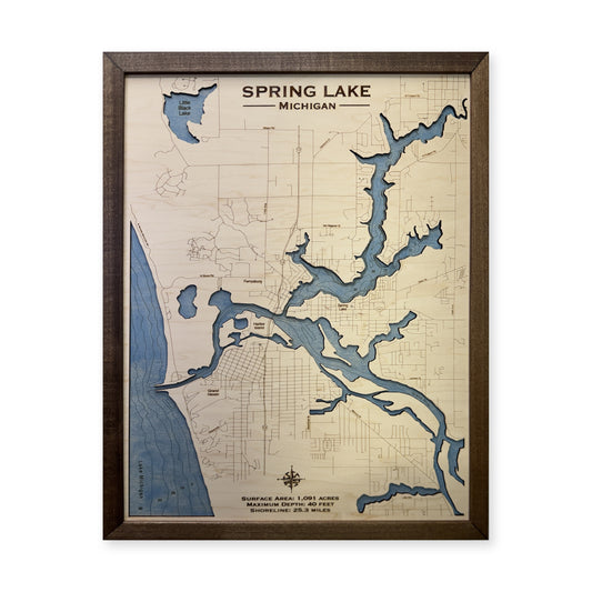 Spring Lake, Michigan Wood Map — Single layer with engraved contours — plain-background photo