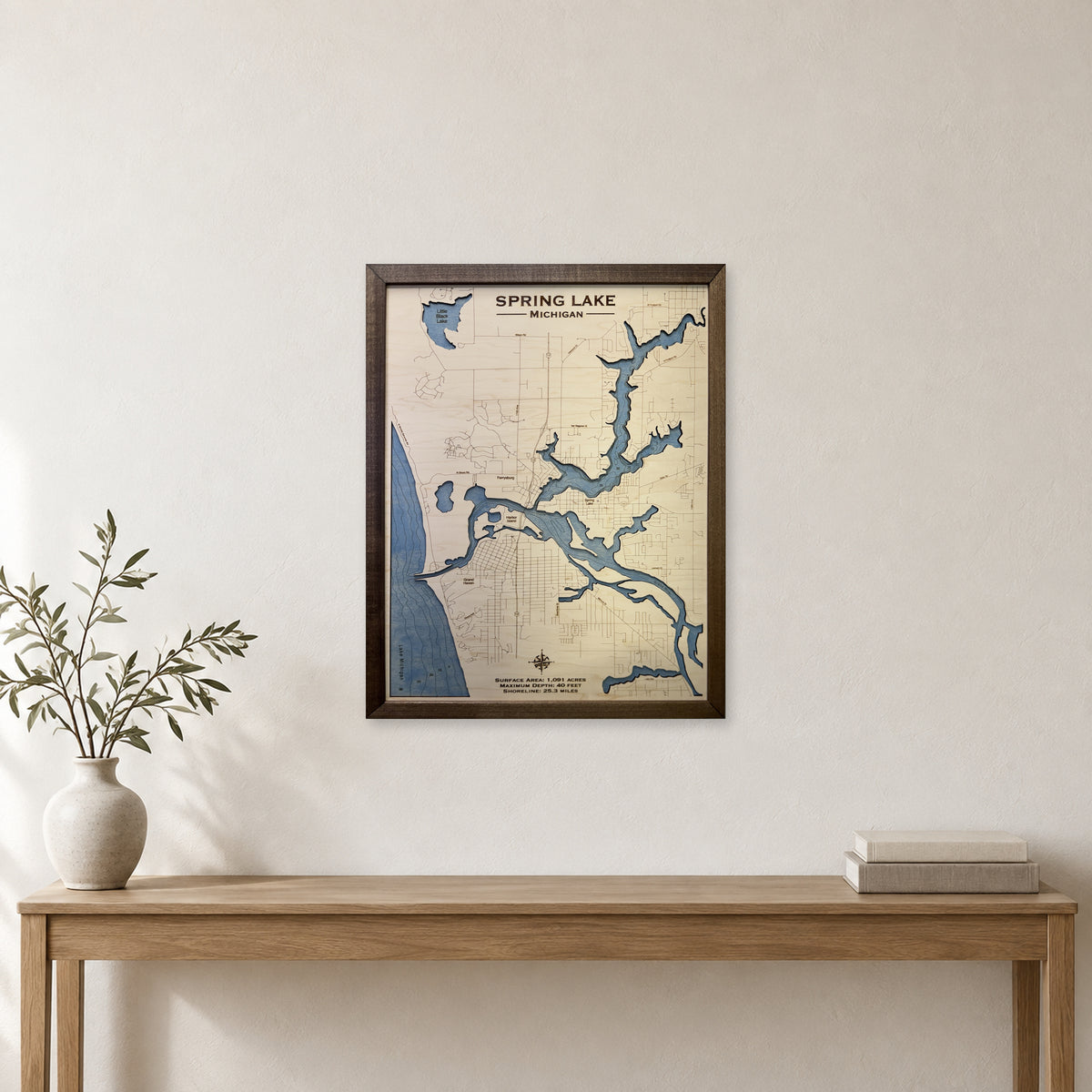 Spring Lake, Michigan Wood Map — Single layer with engraved contours — room mockup