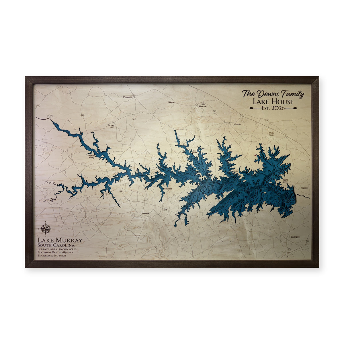 Lake Murray, South Carolina Wood Map — Multilayer — plain-background photo