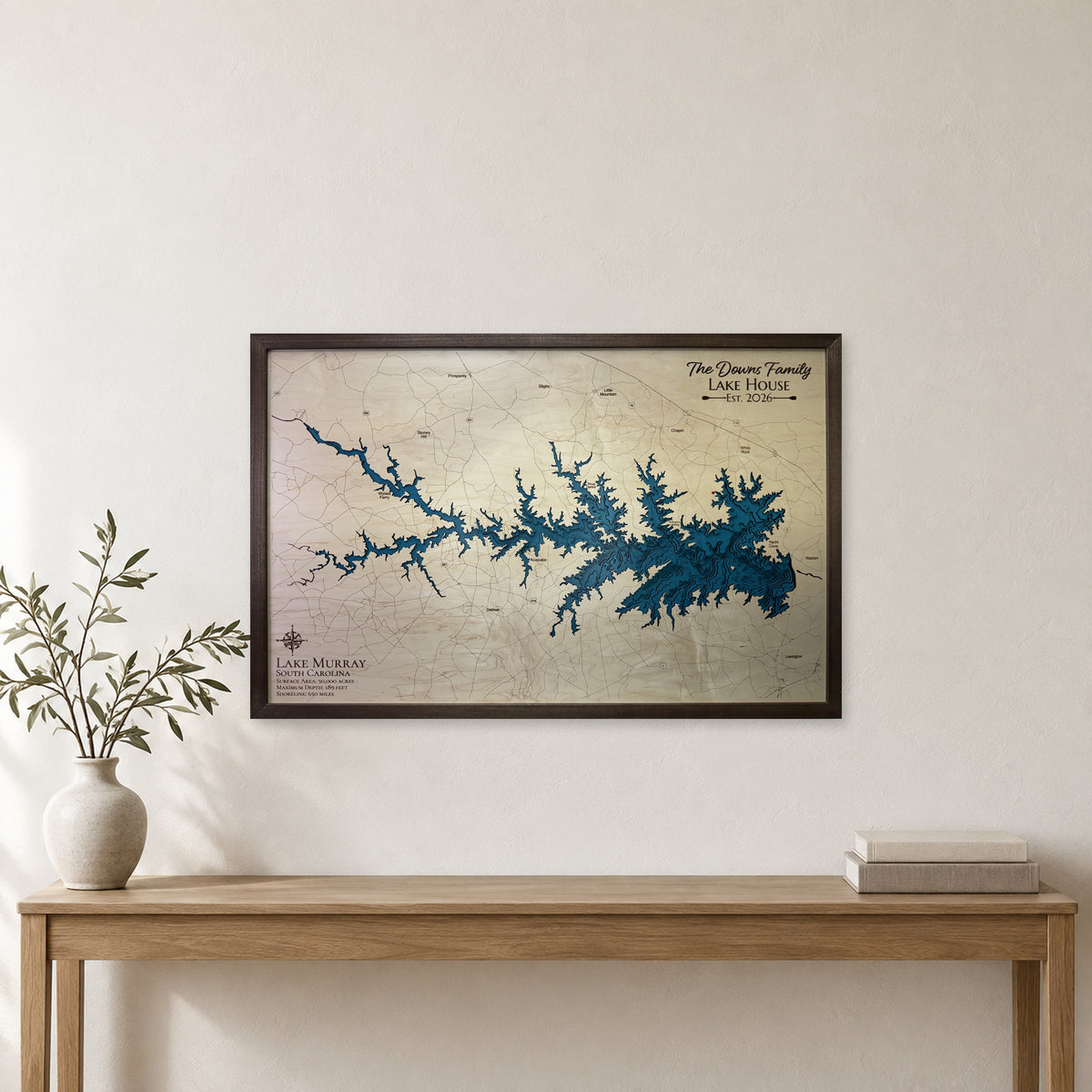 Lake Murray, South Carolina Wood Map — Multilayer — room mockup