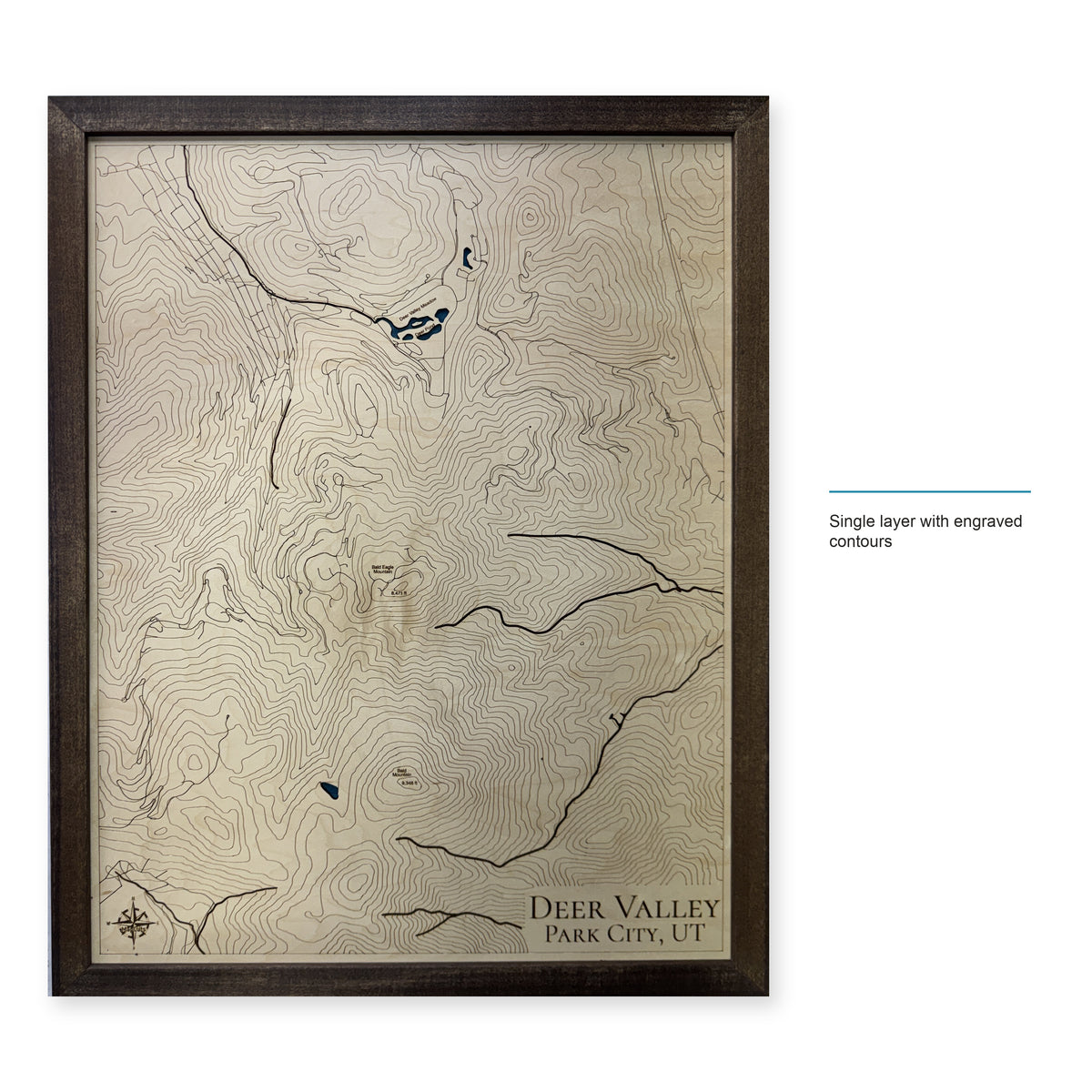 Deer Valley, Park City, Utah Wood Map — Single layer with engraved contours — style-labeled photo