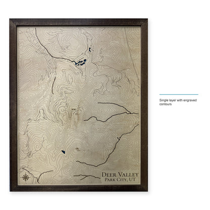 Deer Valley, Park City, Utah Wood Map — Single layer with engraved contours — style-labeled photo