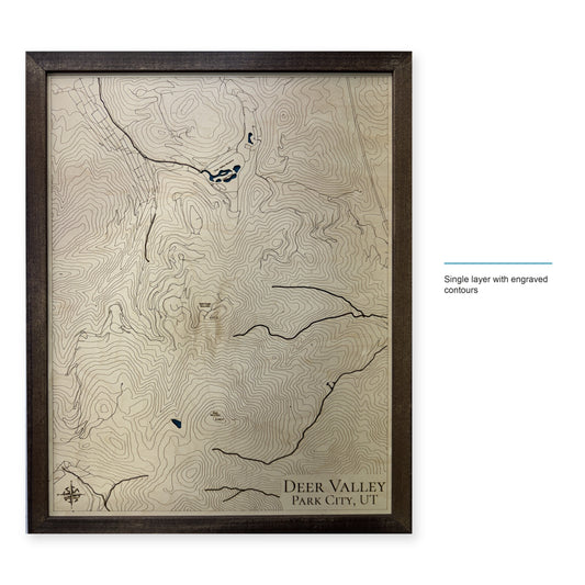 Deer Valley, Park City, Utah Wood Map — Single layer with engraved contours — style-labeled photo