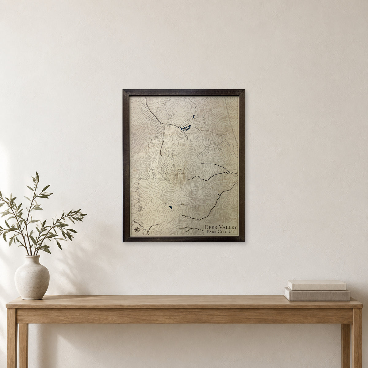 Deer Valley, Park City, Utah Wood Map — Single layer with engraved contours — room mockup