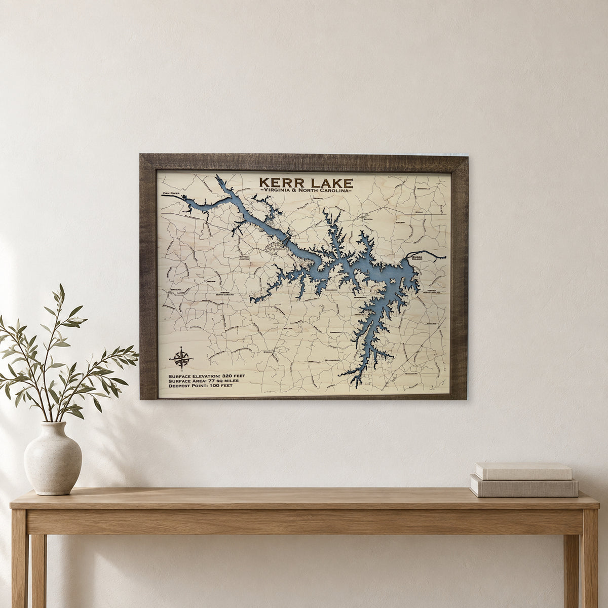 Kerr Lake Wood Map — Single layer — room mockup