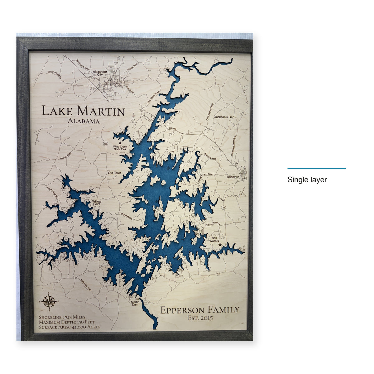 Lake Martin, Alabama Wood Map — Single layer — style-labeled photo