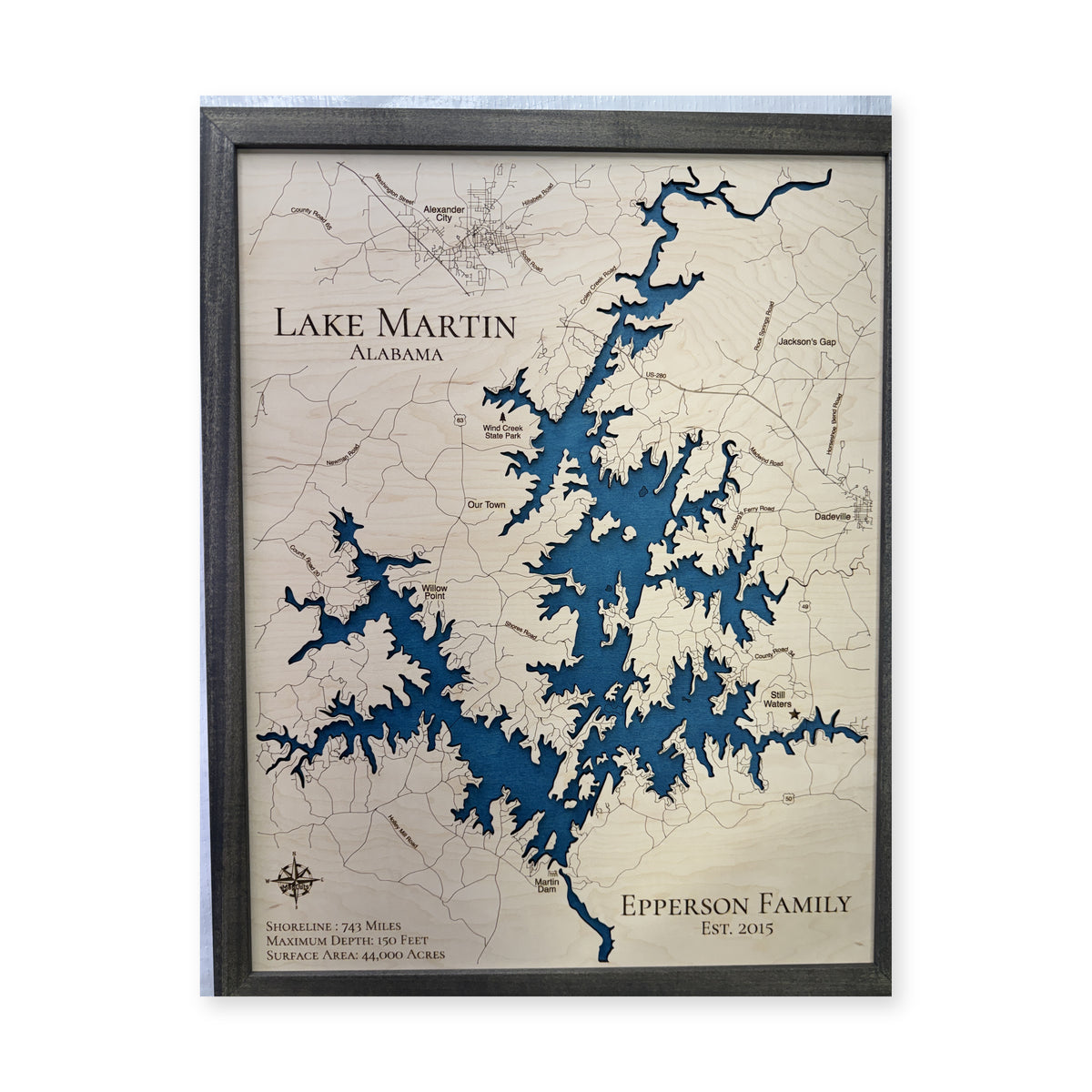 Lake Martin, Alabama Wood Map — Single layer — plain-background photo