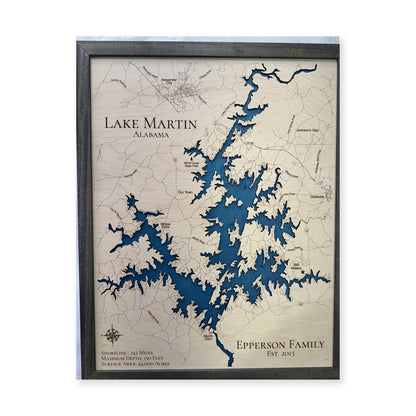 Lake Martin, Alabama Wood Map — Single layer — plain-background photo