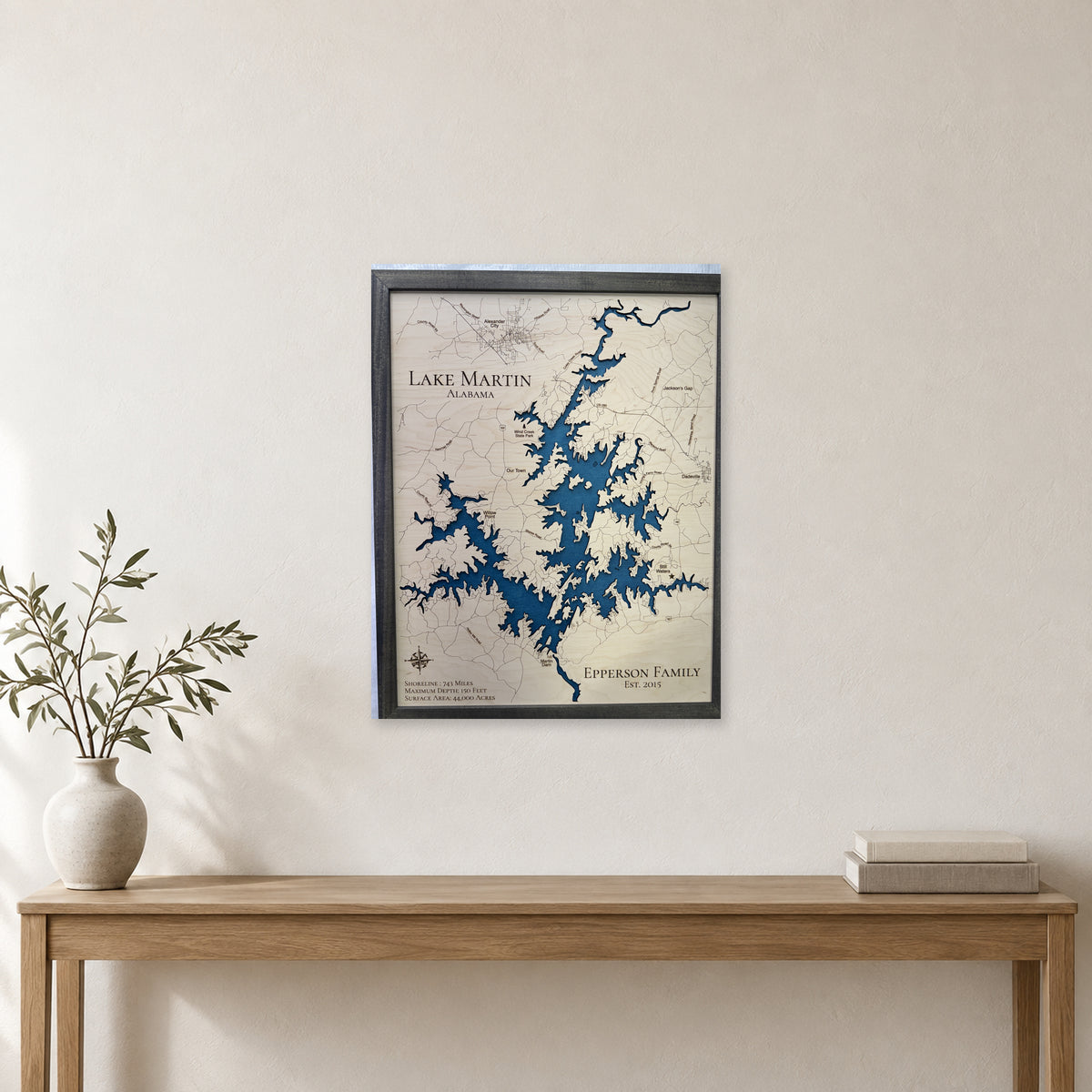 Lake Martin, Alabama Wood Map — Single layer — room mockup