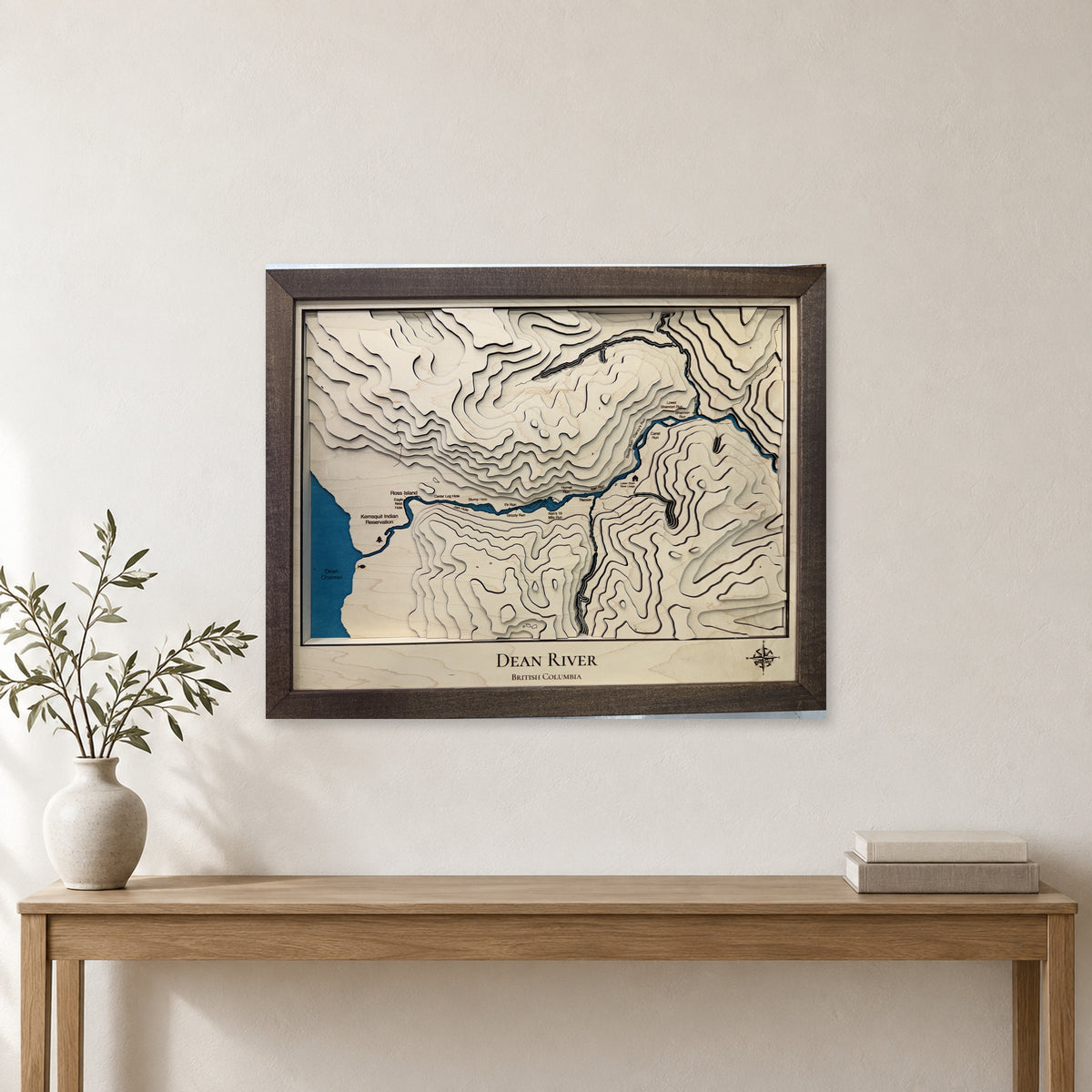 Dean River, British Columbia Wood Map — Layered topo map — room mockup