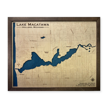 Lake Macatawa, Michigan Wood Map — Single layer with engraved contours — plain-background photo