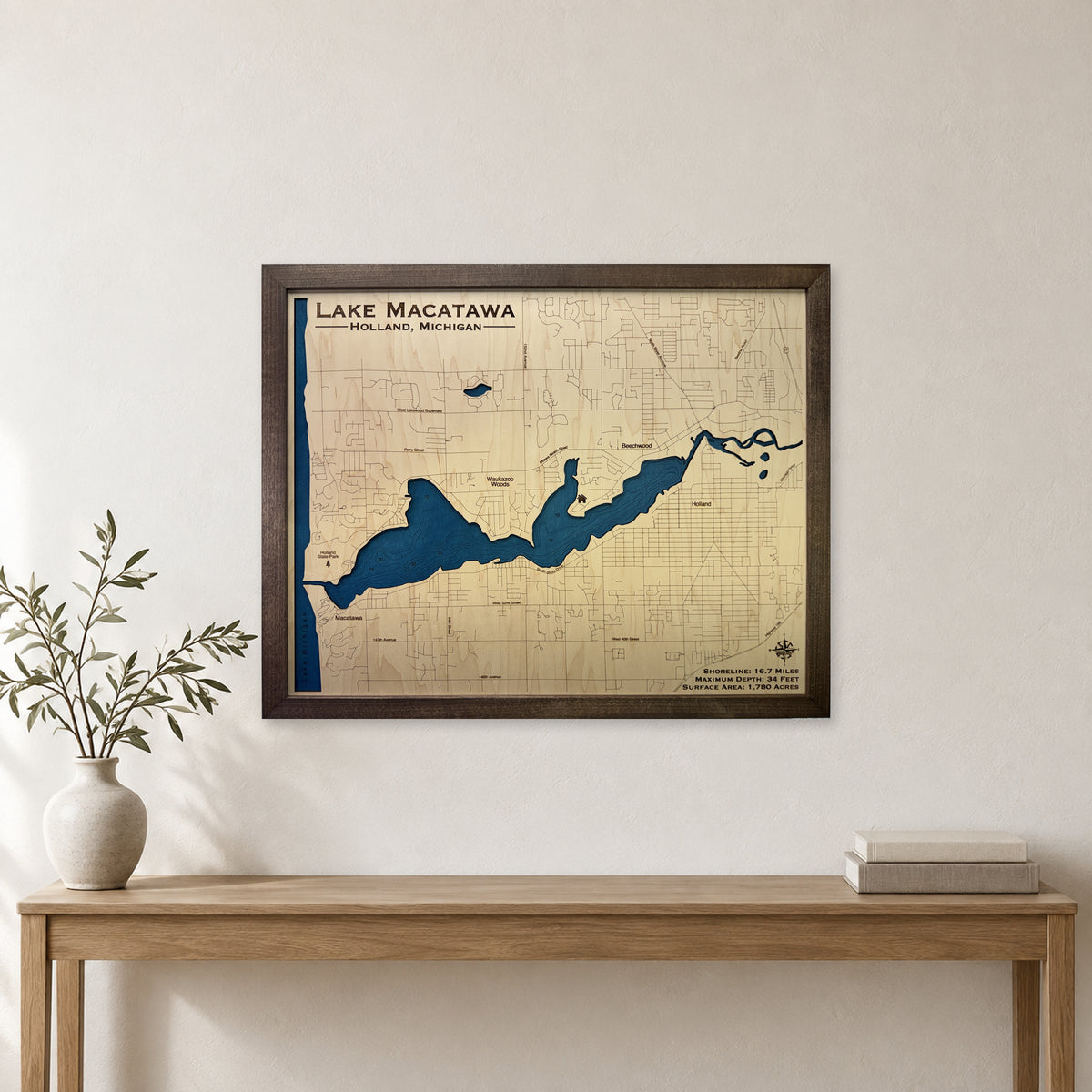 Lake Macatawa, Michigan Wood Map — Single layer with engraved contours — room mockup