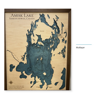Amisk Lake, Saskatchewan Wood Map — Multilayer — style-labeled photo