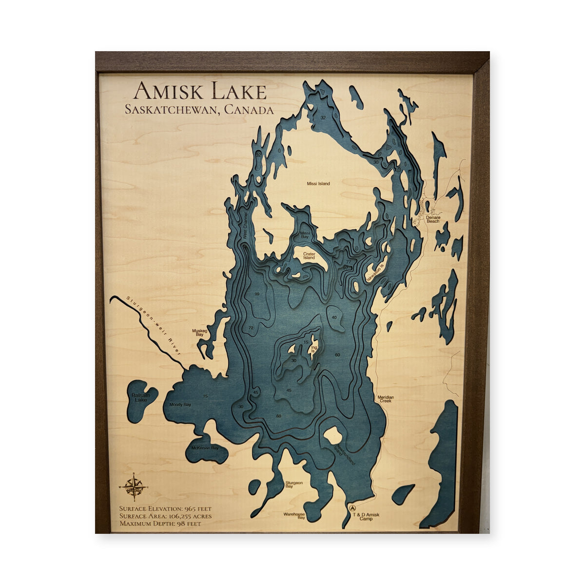 Amisk Lake, Saskatchewan Wood Map — Multilayer — plain-background photo