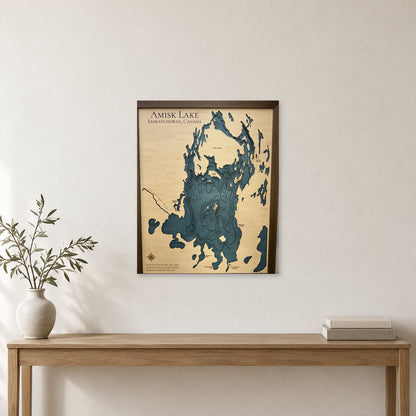 Amisk Lake, Saskatchewan Wood Map — Multilayer — room mockup