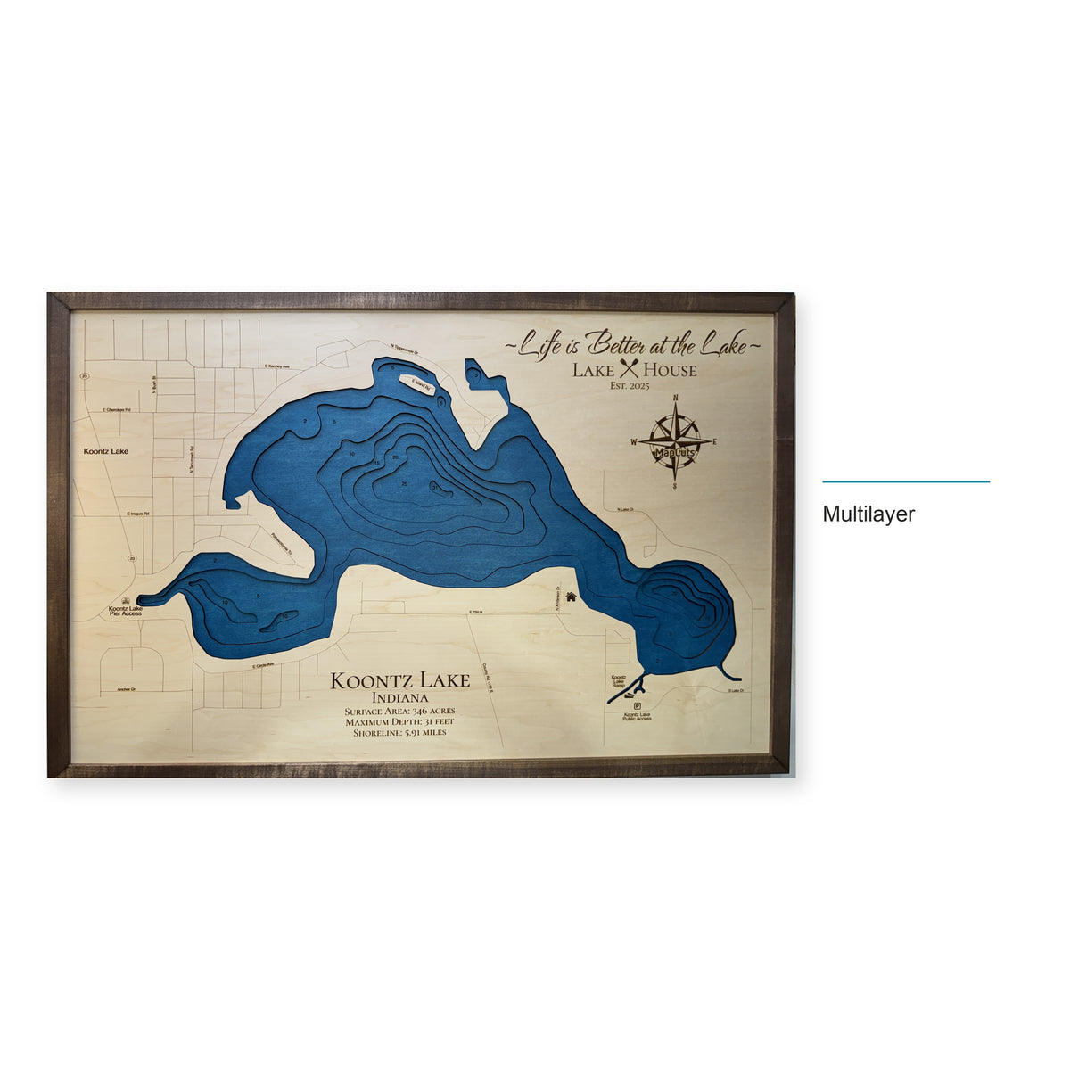 Koontz Lake, Indiana Wood Map — Multilayer — style-labeled photo